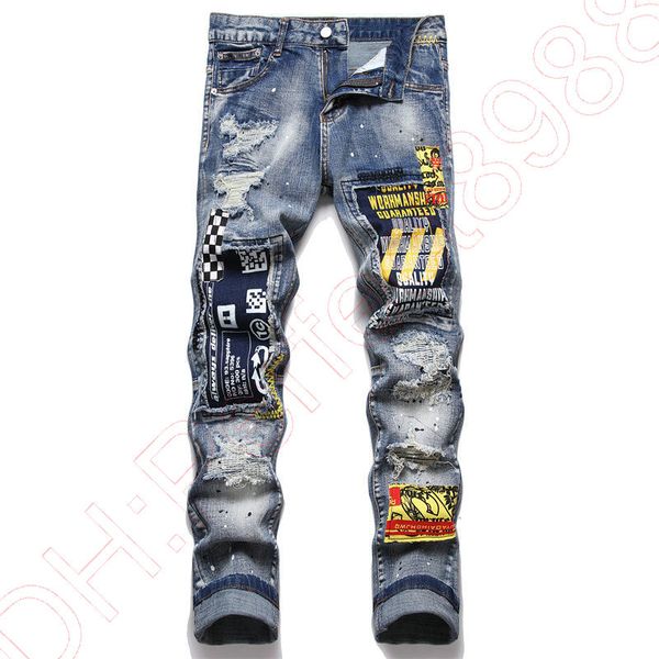 

new jeans chino pants pant men's trousers stretch close-fitting slacks washed straight skinny embroidery patchwork ripped mens trend br, Blue