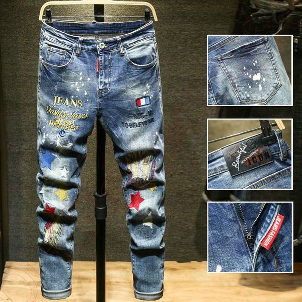 

new jeans chino pants pant men's trousers stretch close-fitting slacks washed straight skinny embroidery patchwork ripped mens trend br, Blue