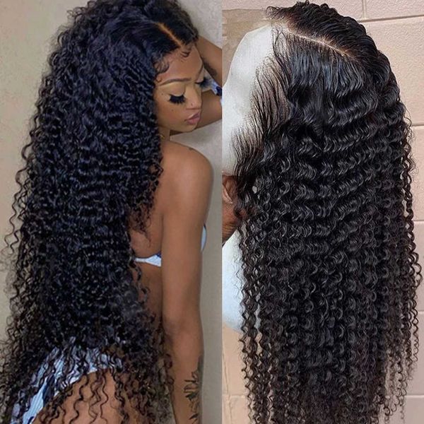 

lace wigs 13x4 kinky curly front human hair for black women brazilian transparent frontal wig 150%-250% density line 230106, Black;brown