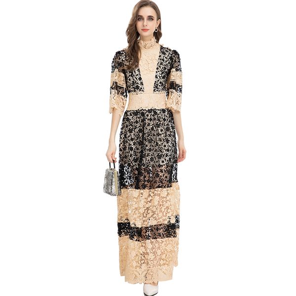 

women's runway dresses stand collar 3/4 sleeves embroidery lace hollow out color block elegant fashion prom gown, Black