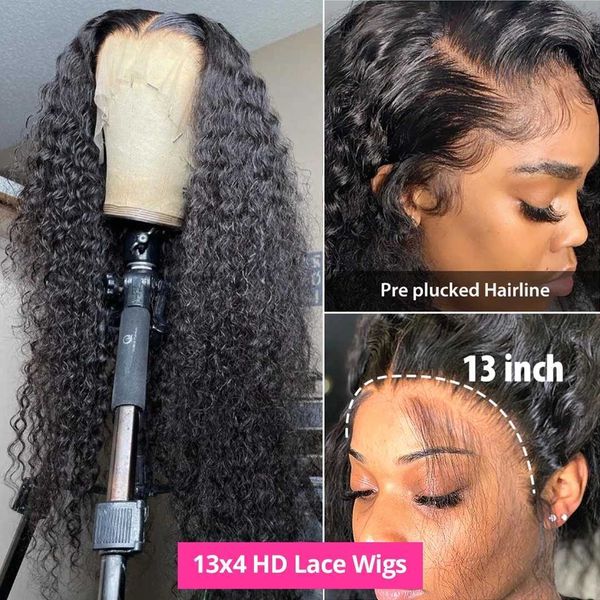 

nxy lace wigs deep wave closure human hair transparent front pre plucked bleached knots 13x4 frontal remy 230106, Black;brown