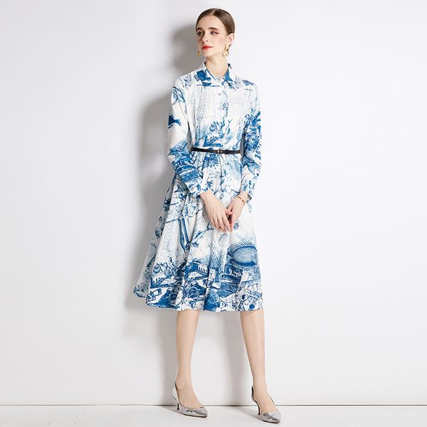 

2023 polo neck runway button shirt dress long sleeve women fashion designer dresses urban elegant spring autumn vacation ladies sweet cute p, Black;gray