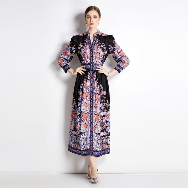 

2023 retro floral maxi dress long sleeve v-neck vacation women designer dresses spring autumn ladies high waist slim a-line frocks birthday, Black;gray