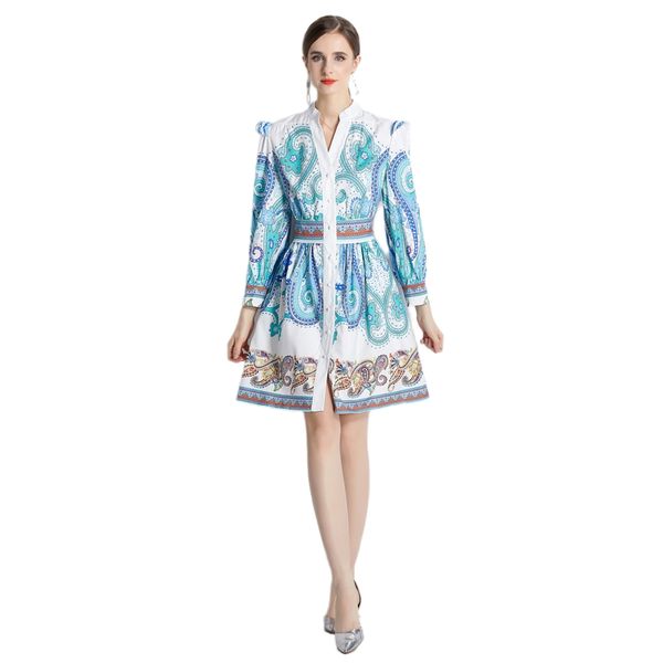 

2023 retro floral designer dresses women long sleeve v-neck birthday dinner dresses ladies single-breasted high waist slim a-line frocks spr, Black;gray
