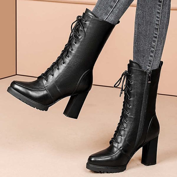 

boots warm short plush winter for women 2022 high heels pu leather mid calf woman platform motorcycle botas shoes 221215, Black