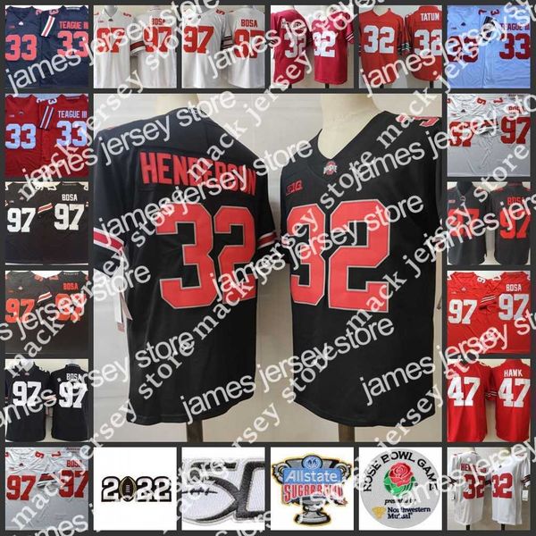 

american college football wear 32 treveyon henderson jersey 32 jack tatum 33 master teague iii 47 a.j. hawk 97 nick bosa jerseys osu ncaa, Black