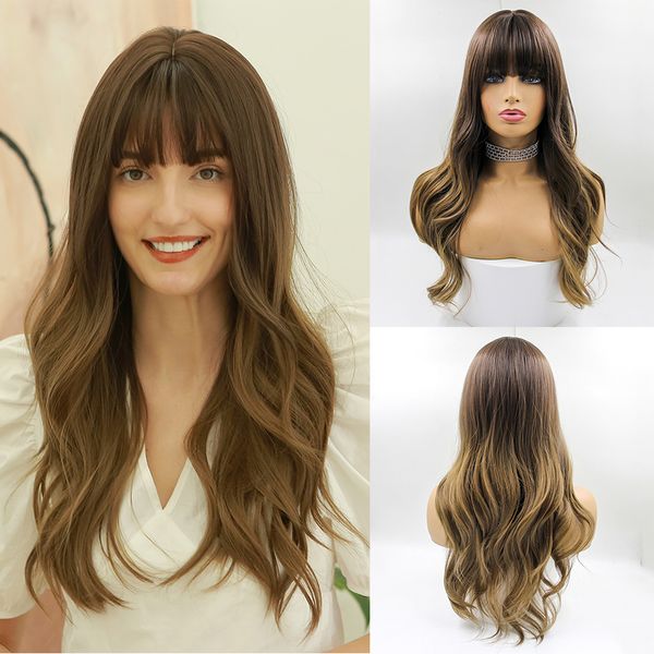 

long brown ombre synthetic wigs with bangs natural wave dark brown blonde wigs cosplay daily party wig heat resistant hairfactory direct, Black