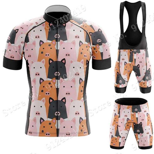 

pig 2021 cycling jersey set men cartoon anime clothing road bike shirts bicycle bib shorts mtb wear ropa ciclismo, Black;red