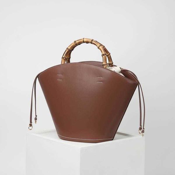 

evening bag spring and summer new leather large bucket caramel women's bamboo handle handbag 0805