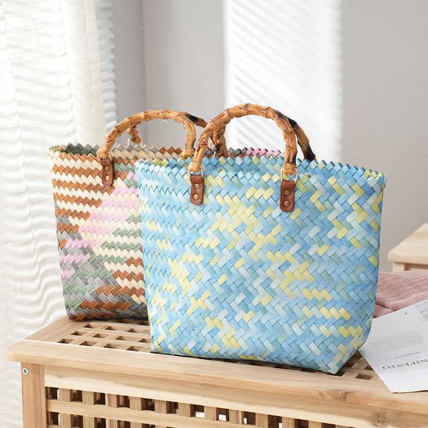 

vintage bamboom handle rattan women handbags wicker woven basket bag handmade summer beach straw casual small tote purses 230129