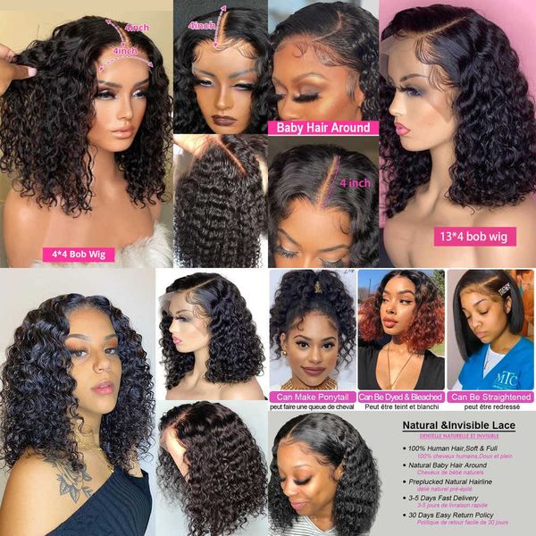

nxy lace wigs short bob curly human hair for women brazilian deep wave transparent frontal sale 13x4 front pre plucked 230106, Black;brown