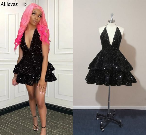 

plunging v neck blingbling squined prom party dresses halter backless african girl cocktail formal gowns mini skirts night club wear for wom, Black