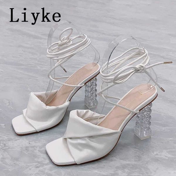 

red white pleated leather women sandals summer open lace up transparent square high heels ladies party wedding shoes 0129, Black