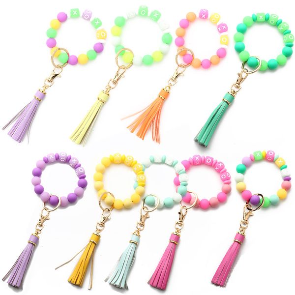 

silicone beads keychain fluorescent keyring for keys tassel wooden wrist keyrings bracelet fashion anti-lost useful women men, Silver