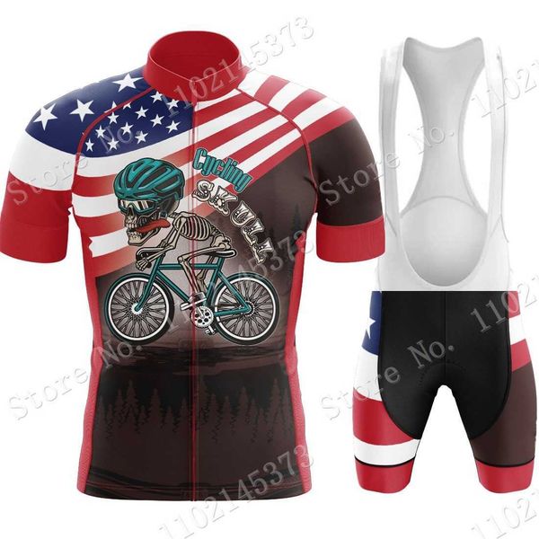 

2022 new american skull cycling clothing jersey set red blue cycling road bike shirts suit bicycle bib shorts mtb ropa maillot, Black;red