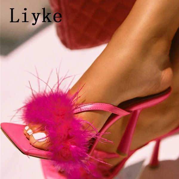 

size 41 fashion fur feather high heels slippers sandals women summer 2023 peep toe mules lady pumps sloes flip flop 0129, Black