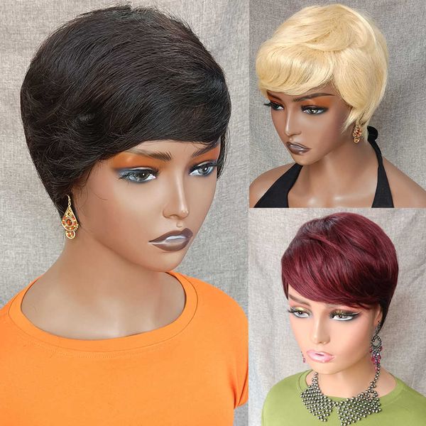 

lace wigs 613 short bob pixie cut peruvian virgin straight human hair with bangs for black women glueless full machine made 230106, Black;brown