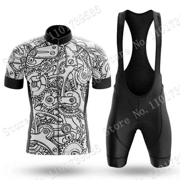 

black white gears 2023 cycling jersey set summer cartoon comic clothing road bike shirts suit bicycle bib shorts mtb maillotropa, Black;red