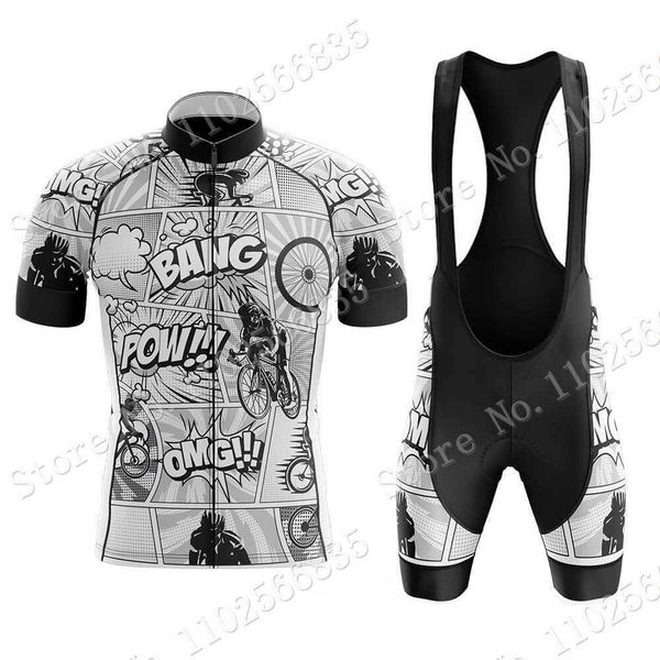 

cartoon comic 2023 bang pow cycling jersey set short sleeve blue clothing men road bike shirts suit bicycle bib pants maillot, Black;red