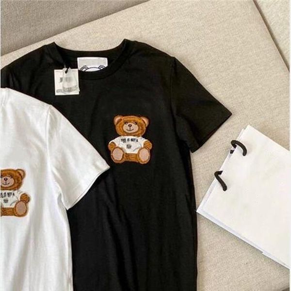 

couples summer t-shirts men women's tees flocking three-dimensional cartoon bear letter loose short sleeves for men and women cotton s, White