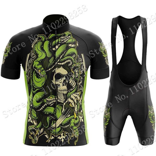 

2023 skull and snake tattoo cycling jersey set summer man clothing road bike shirts suit bicycle bib shorts mtb ropa maillot, Black;red
