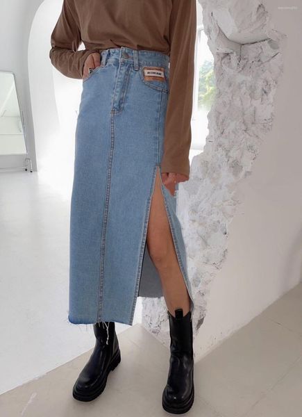 

skirts women's denim split a-line skirt high waist casual straight midi female lady vintage streetwear bottoms plus size, Black