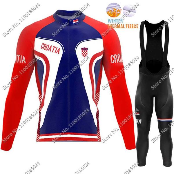 

maillot 2022 croatia national team cycling jersey set winter clothing suit men long sleeve mtb bike road pants bib ropa ciclismo, Black;red