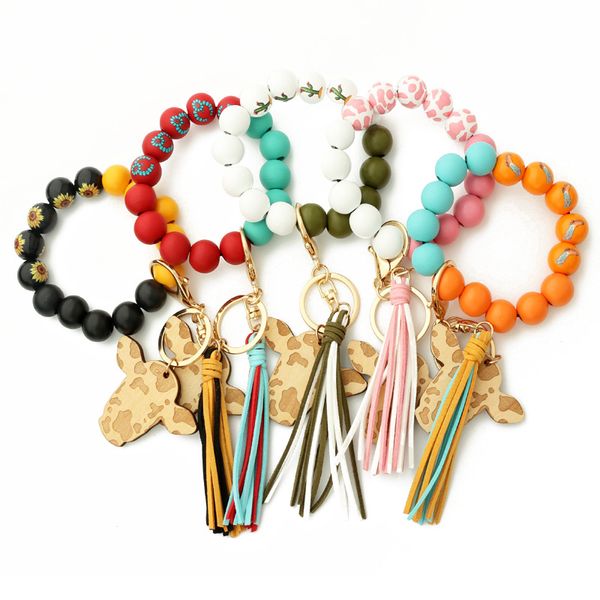 

bull wood beads keychain basketball football print keychain fashion wooden wristlet bracelet keyring for women men, Silver