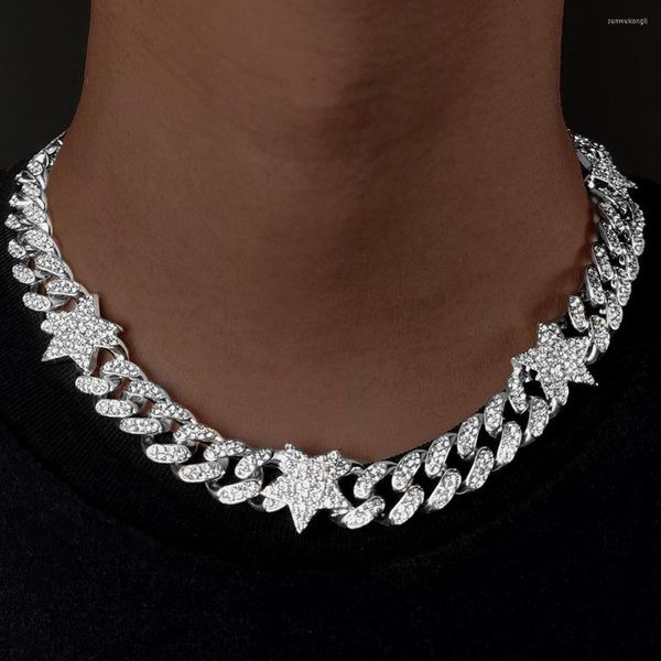 

chains 13mm iced out paved rhinestone star cuban chain necklace for women men bling miami link choker fashion jewelry, Silver