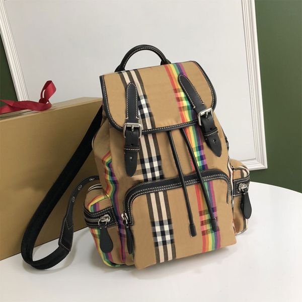 

7a rainbow plaid backpack men designer handbag strapping schoolbag vintage checked cotton handbags zipper outer pocket adjustable shoulder s