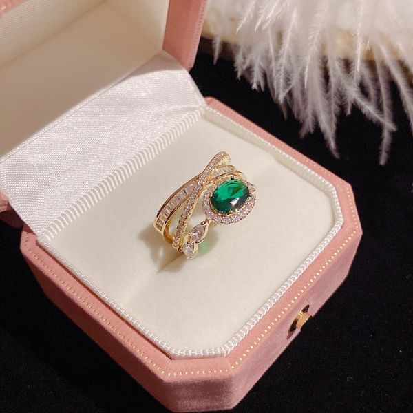 

real gold plating color retention light luxury heavy industry high texture emerald crystal ring ins tide adjustable open ring, Silver