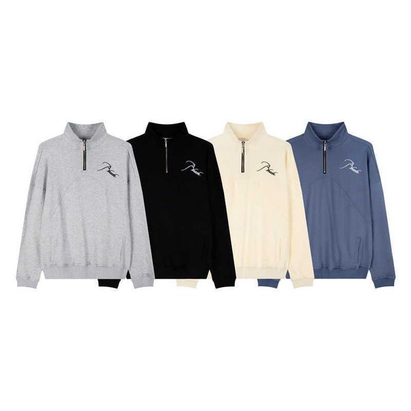 

2023 new men's t shirt north american high street brand rhude autumn winter style stand collar half zip embroidery stitched polo sweate, White;black