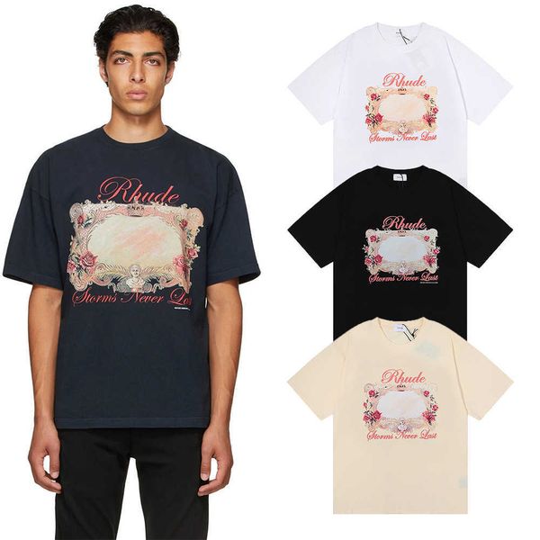 

2023 new men's t shirt north american high street brand rhude los angeles niche fashion design rose short sleeve unisex, White;black