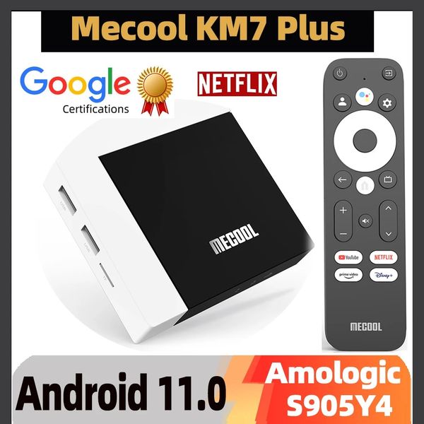 

mecool km7 plus tv box android 11 amlogic s905y4 netflix google certified voice av1 1080p 4k 60pfs android 11.0 media player