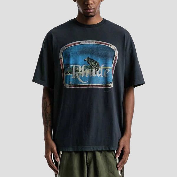 

2023 new men's t shirt north american high street brand rhude lone world tee northwest wolf print women's loose short sleeve summe, White;black