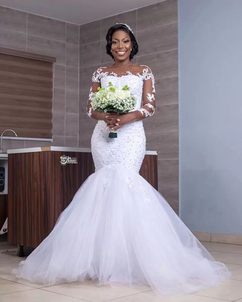 

luxury african nigeria mermaid wedding dresses pearls beaded long sleeves bride formal gowns modern ivory plus size bridal dress 2023 vestid, White
