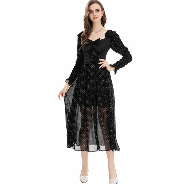 

women's runway dresses square neckline long sleeves bow detailing polka dots printed elegant fashion high street vestidos, Black