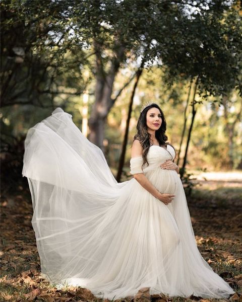 

Sexy Pregnant Female Baby Shower Dresses Mesh Woman Pregnancy Photo Shooting Dress Long Maternity Photography Session Gown, White