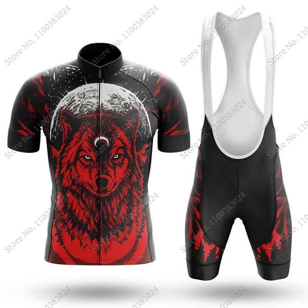 

2022 native red wolf cycling jersey set mens summer bicycle clothing road bike shirts suit bicycle bib shorts mtb ropa maillot, Black;red