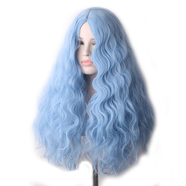 

corn whisker wig cover points in the middle of the light blue wig woman wool coil high temperature silk fiber head cover, Black
