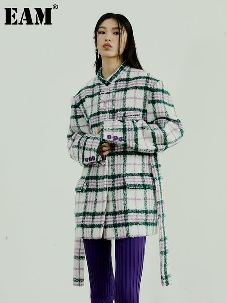 

womens wool blends eam loose fit light purple plaid big size woolen coat parkas long sleeve women fashion autumn winter 2023 1df4227 230114, Black