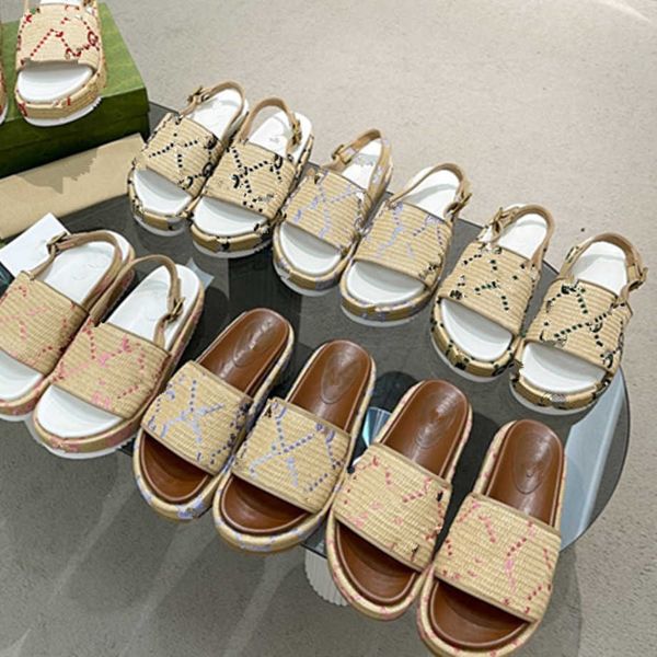 

2023 designer luxury sandals womens slippers flat platform mules straw embroidery slides double g pool ladies girl high heels slingback sand, Black