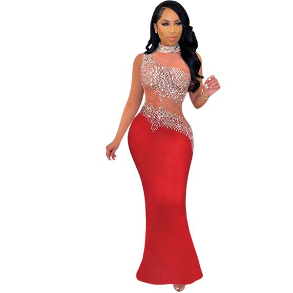 

women party dresses sleeveless mesh see through rhinestone bodycon zipper long dress clubwear outfit, White;black