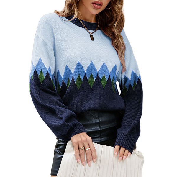 

crew neck pullover women's sweaters lady geometric diamond pattern color block knitted blouse with lantern long sleeves rib stiches cu, White;black
