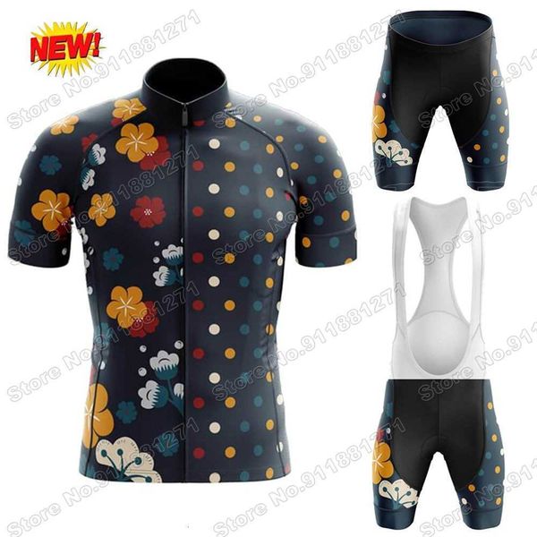 

2021 abstract flowers and colored dots cycling jersey set mens summer clothing road bike shirts bicycle bib shorts mtb wear ropa, Black;red