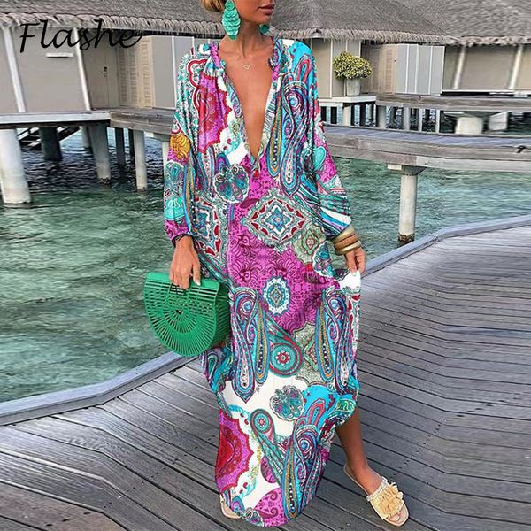 

plus size dresses fashion maxi for women v neck long sleeve party boho vintage print size loose casual vesitdos 230130, Black
