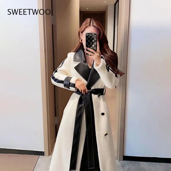 

women's trench coats high-end single-breasted woolen coat elegant temperament contrast stitching mid-length women fashion trend plush o, Tan;black