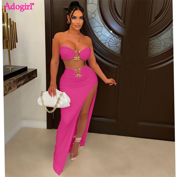 

two piece dress adogirl metal ring two piece set women party dress strapless crop high split maxi skirt summer holiday beach outfits suit 23, White