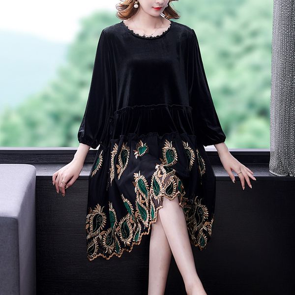 

casual dresses large size floral silk gold velvet dres embroidery fashion temperament printed long sleeve female vestidos 230130, Black;gray
