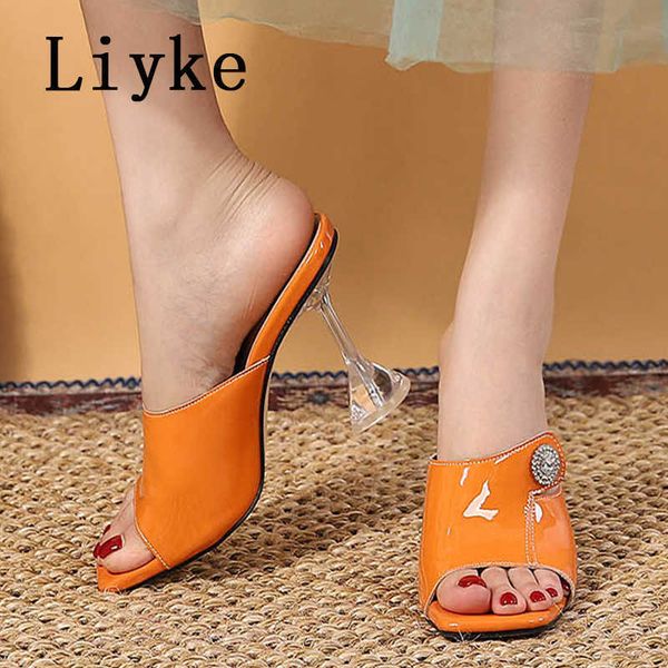 

size 34-46 orange women's slippers outdoor fashion crystal buckle summer sandals square toe transparent heels mules shoes 0129, Black